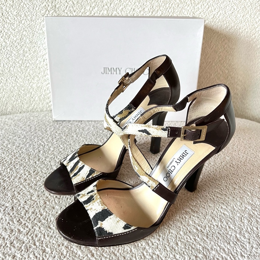 Jimmy Choo Brown Leather/Animal Print Strappy Heeled Sandals